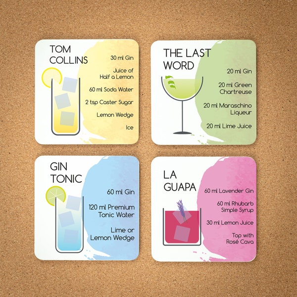 Gin Cocktail Set | Coaster Set of 2-4-6 | Gin Cocktail Recipe | Gin Recipe | Coasters | Gift | Gift Coasters |