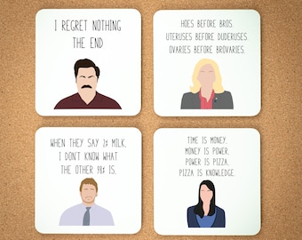 Parks and Rec Coaster Set | Coaster Set of 4 | Leslie Knope | Ron Swanson | Gift Coasters |