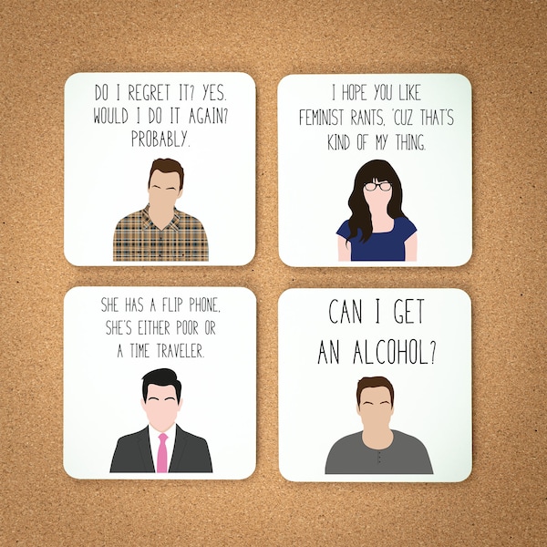 Ensemble de dessous de verre New Girl | Sous-verre Lot de 4 | Jesse jour | Nick Miller | Sous-verres cadeaux |