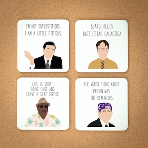 The Office Themed Coaster Set | Coaster Set of 4 | Michael Scott | Dwight Schrute | Gift Coasters |