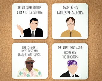 The Office Themed Coaster Set | Coaster Set of 4 | Michael Scott | Dwight Schrute | Gift Coasters |