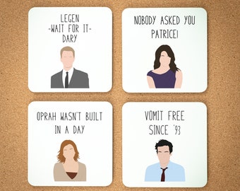 May include: Four white coasters with black text and cartoon illustrations of characters from the TV show "The Office". The text on the coasters reads: "Legen - Wait for it - Dary", "Nobody asked you Patrice!", "Oprah wasn't built in a day", and "Vomit free since '93".