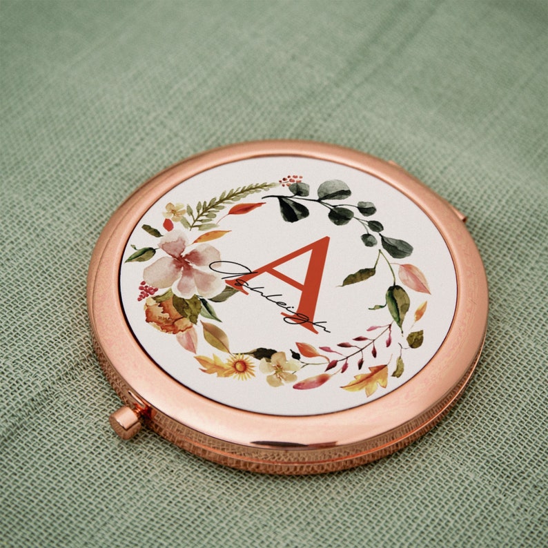 Personalised Mirror with Initial and Name Compact Mirror Rose Gold For Her Wedding Bridesmaid Gift Hand Mirror Purse Mirror image 1