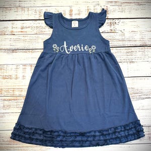 Lightweight Navy Blue Cotton Dress for girls/toddlers with personalization and flowers