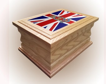 Wooden Cremation urn ashes casket Royal Horse Artillery Military badge on British Flag personalised oak adult human box urns