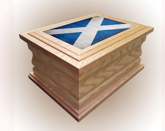 Cremation urn ashes casket Scottish Flag personalised wooden oak adult human funeral box