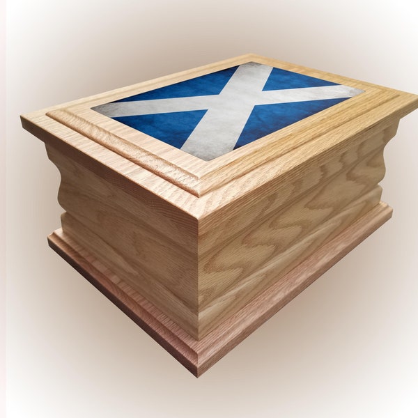 Cremation urn ashes casket Scottish Flag personalised wooden oak adult human funeral box