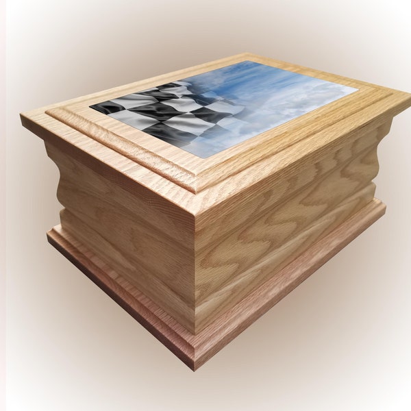 Cremation urn ashes casket F1 Racing Checkered Flag and Sky personalised wooden oak funeral adult box urn