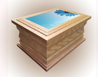 Cremation urn ashes casket blue flower personalised wooden oak adult human funeral