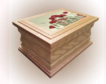 Cremation urn ashes casket Poppy personalised wooden oak adult human funeral box