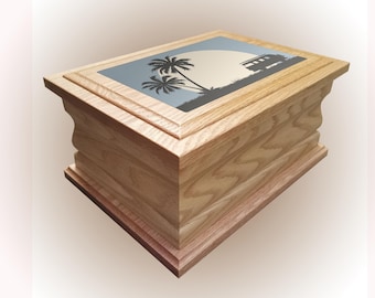 Cremation urn ashes casket VW Camper Van style personalised wooden oak adult human funeral box