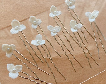 10Pcs Minimalist Pearl Ceramic Flower Hair Pins, Bridal Hair pins,Bridal Hair Pins Set,Gold Hair Pins,Floral Hair Pins,Pearl Hair Pins