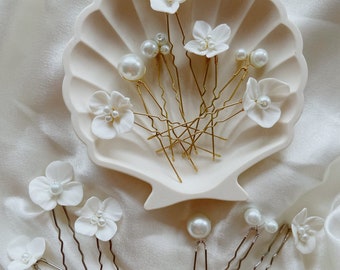 7stk Minimalist Perle Keramik Blume Haarnadeln, Braut Haarnadeln Silber, Braut Haarnadeln Set, Gold Haarnadeln, Floral Haarnadeln, Perlen Haarnadeln