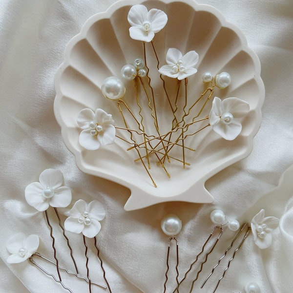7 pièces minimaliste épingles à cheveux fleur en céramique perle, épingles à cheveux de mariée argent, ensemble d'épingles à cheveux de mariée, épingles à cheveux or, épingles à cheveux florales, épingles à cheveux perle