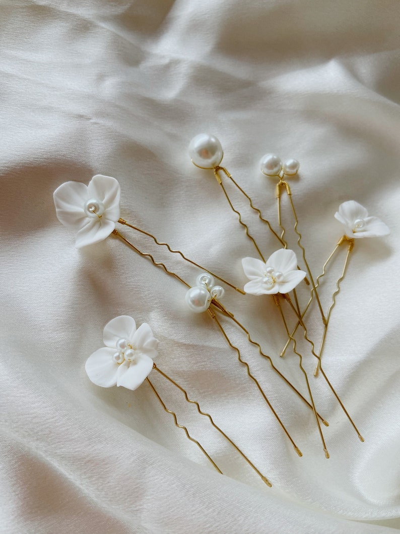 7Pcs Minimalist Pearl Ceramic Flower Hair Pins, Bridal Hair pins Silver,Bridal Hair Pins Set,Gold Hair Pins,Floral Hair Pins,Pearl Hair Pins image 10