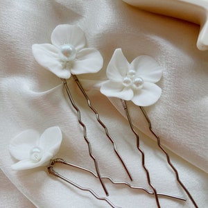 7Pcs Minimalist Pearl Ceramic Flower Hair Pins, Bridal Hair pins Silver,Bridal Hair Pins Set,Gold Hair Pins,Floral Hair Pins,Pearl Hair Pins image 3