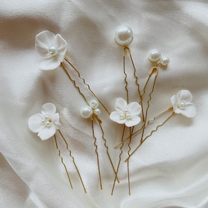 7Pcs Minimalist Pearl Ceramic Flower Hair Pins, Bridal Hair pins Silver,Bridal Hair Pins Set,Gold Hair Pins,Floral Hair Pins,Pearl Hair Pins image 4