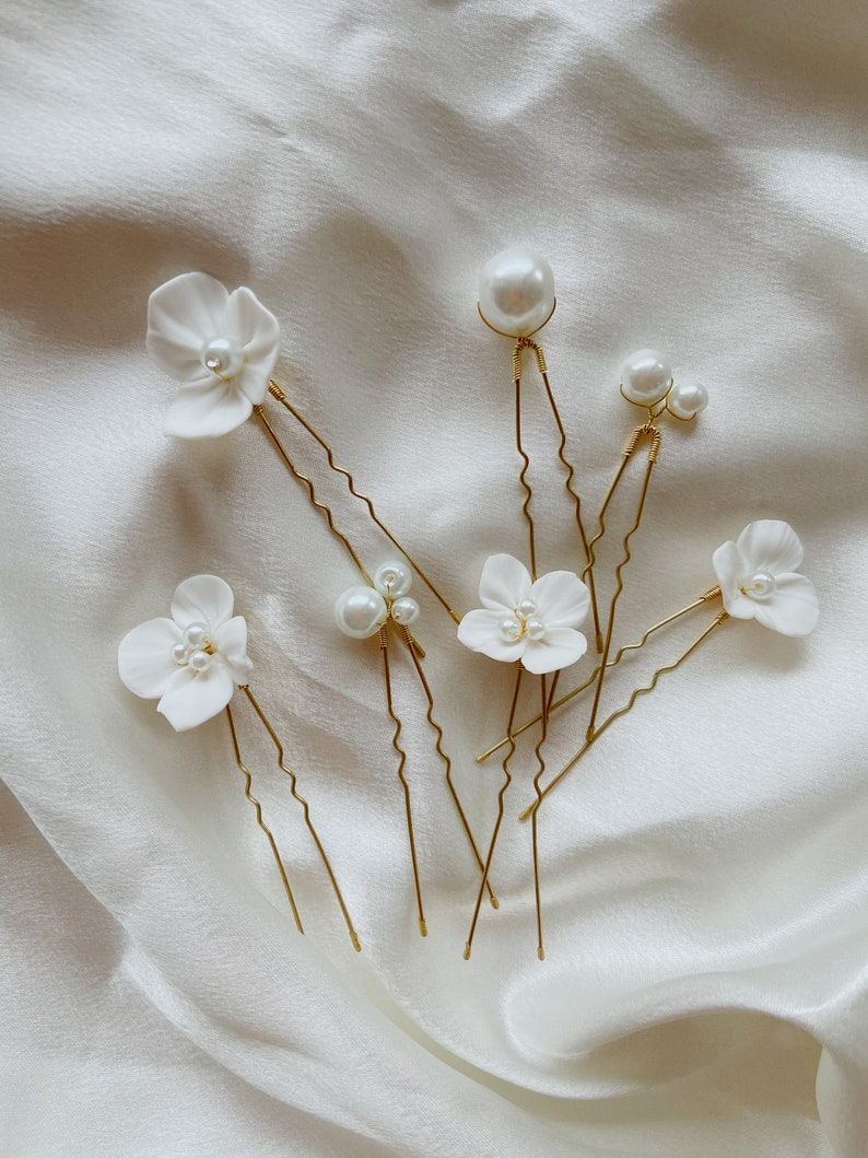 7Pcs Minimalist Pearl Ceramic Flower Hair Pins, Bridal Hair pins Silver,Bridal Hair Pins Set,Gold Hair Pins,Floral Hair Pins,Pearl Hair Pins image 4