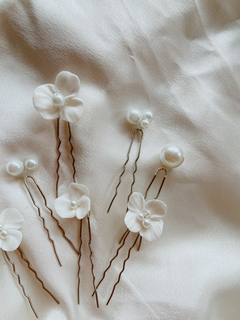 7Pcs Minimalist Pearl Ceramic Flower Hair Pins, Bridal Hair pins Silver,Bridal Hair Pins Set,Gold Hair Pins,Floral Hair Pins,Pearl Hair Pins image 9