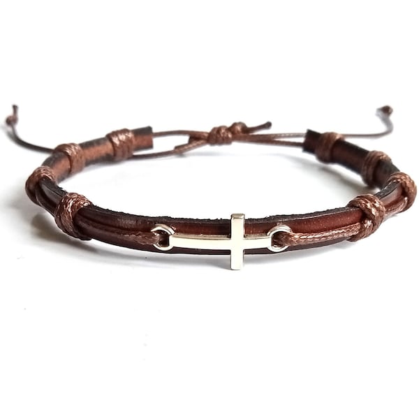 Adjustable cross bracelet Small silver cross Leather braided bracelet Men cross bracelet Women cross bracelet Child bracelet Kids bracelet