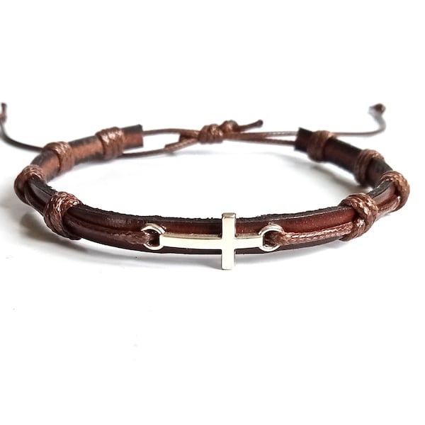 Adjustable cross bracelet Small silver cross Leather braided bracelet Men's cross bracelet Women's cross bracelet Children's cross bracelet