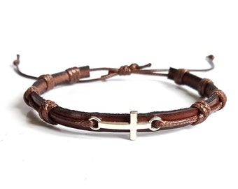 Braided Leather Cross Bracelet: Adjustable Silver Charm