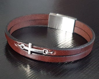 Leather Wrap Cuff Cross Bracelet Black Brown Pink Country - Etsy