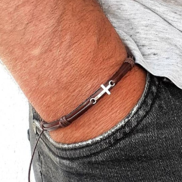 Leather cross bracelet with small silver cross Leather braided cross bracelet Men cross bracelet Women cross bracelet Kids cross bracelet