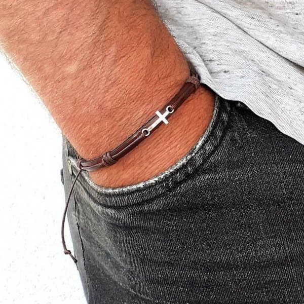 Cross bracelet Small silver cross Leather braided bracelet Men cross bracelet Women cross bracelet Child cross bracelet Kids cross bracelet