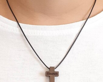 Personalized Wooden Cross Necklace Personalized Engraved Necklace Personalized Religious Necklace Custom Cross Necklace  Wood Cross Pendant