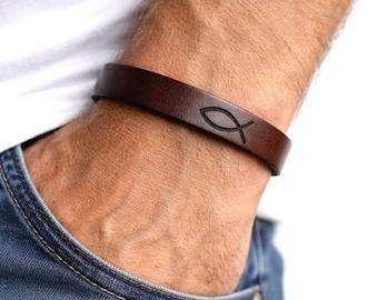 Personalized Leather Christian Bracelet: Engraved Fish Symbol, Religious Jewelry