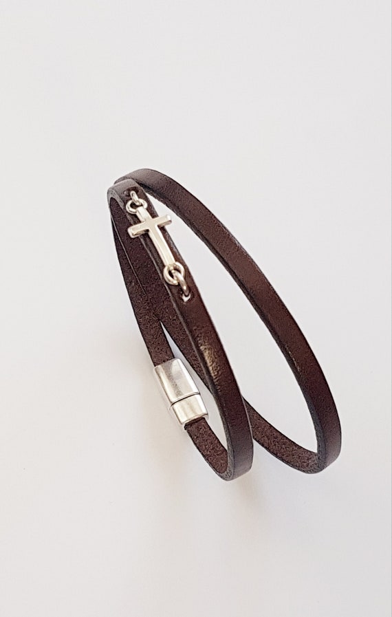 Bracciale Da Uomo In Pelle Con Croce, Polsino A Doppio Giro, Croce In Acciaio Inossidabile - Italia - Foto 4