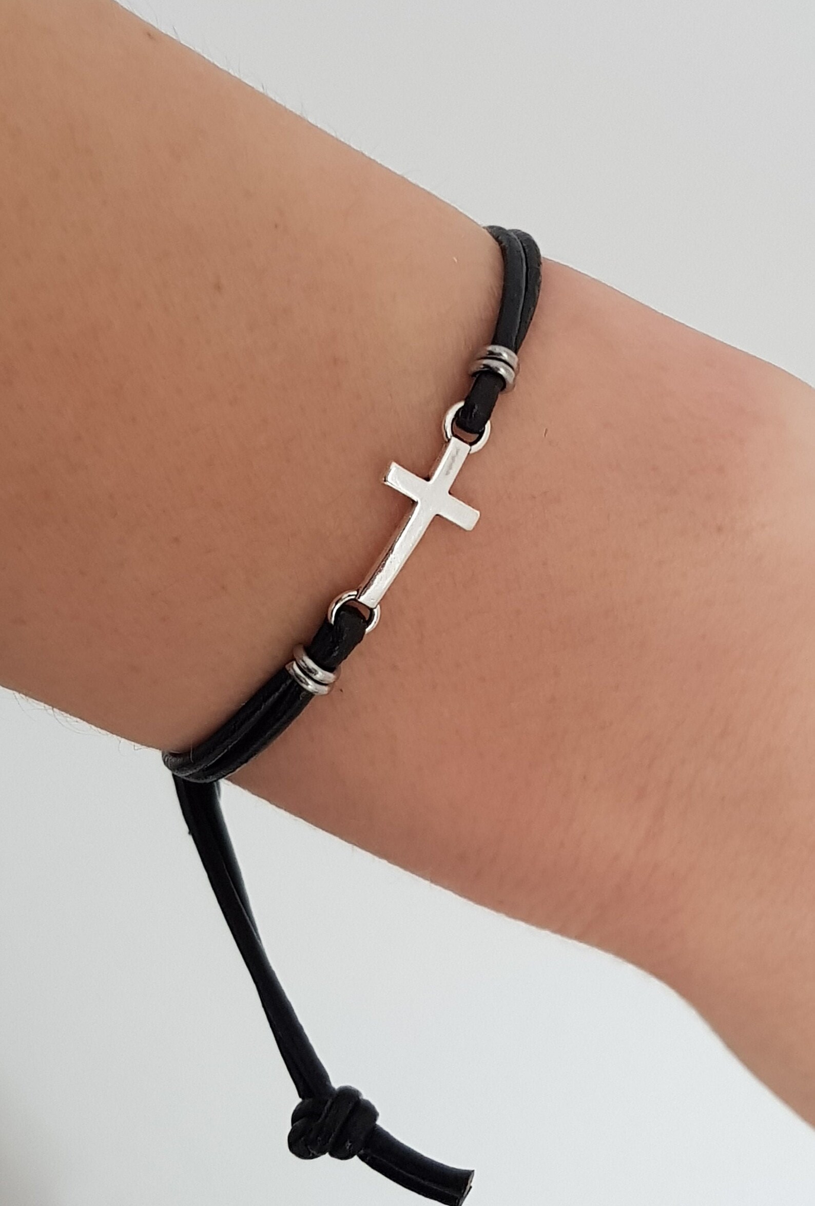 Simple Cross Bracelet Small Silver Cross Adjustable Leather Etsy UK