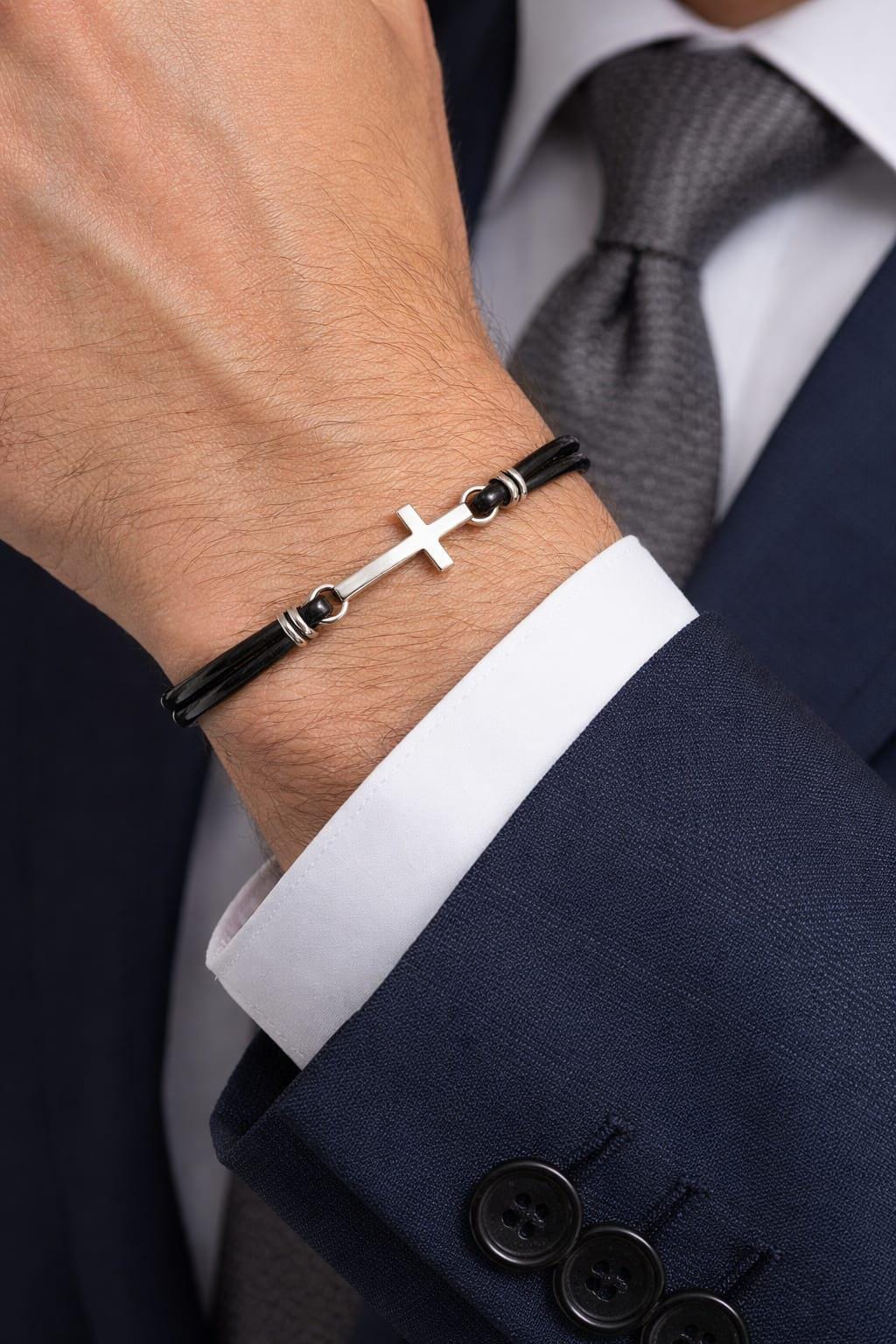 Handmade Leather Cross Bracelet: Stainless Steel Clasp