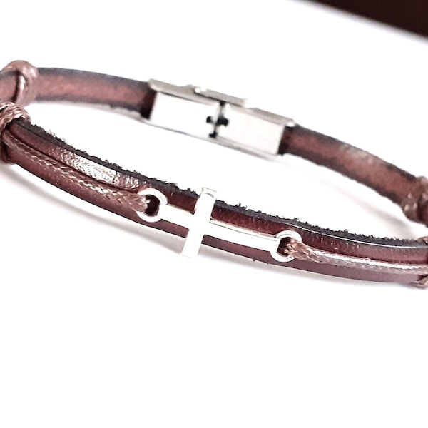 Leather cross bracelet with small silver cross Leather braided cross bracelet Men cross bracelet Women cross bracelet Kids cross bracelet