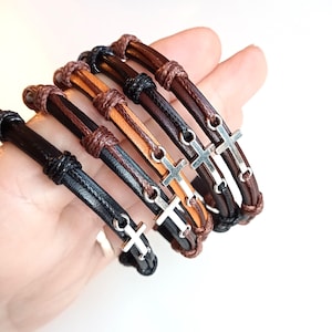 Religious Cross Leather Braided Bracelet - Adjustable 7-8 Inch, Antique Silver Cross Tag, For Men & Women - View #5