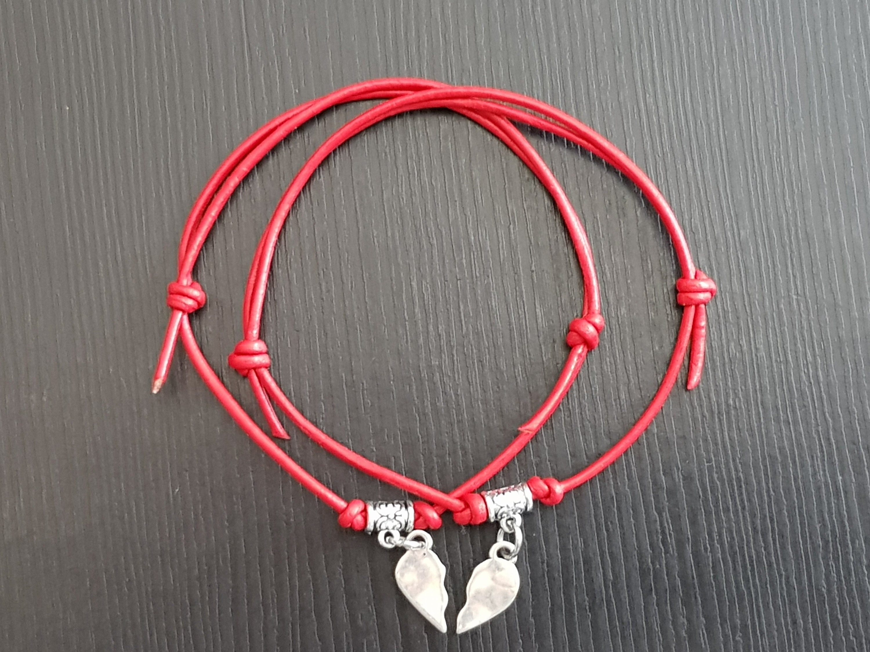 Set of two half heart bracelets Broken heart bracelets Adjustable leather bracelets Couple halves heart Bracelet for him and her