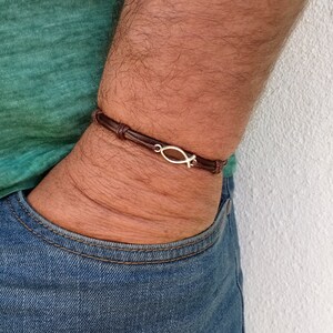 Jesus Fish-armband, gevlochten leren armband, handgemaakte christelijke sieraden, zwart, donkerbruin