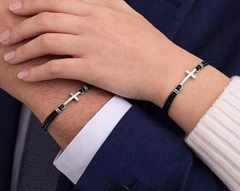 Cross Leather Bracelet for Women and Men with Adjustable Sliding Knot, Christian Gift