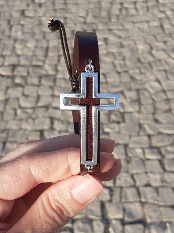 Men Leather Cross Bracelet Silver Cross Bracelet Religious 