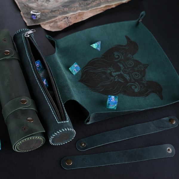 Nordic style dice tray and storage, DND RPG Game, Dungeons and Dragons, Personalized leather dice rolling tray, Dice Storage, Christmas gift
