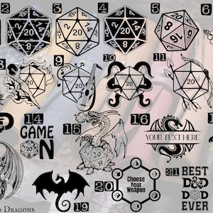 May include: A set of 22 black and white Dungeons and Dragons themed iron-on transfers. The transfers feature various designs including dice, dragons, and other fantasy creatures. The text "Dungeons and Dragons" is printed at the bottom of the image.