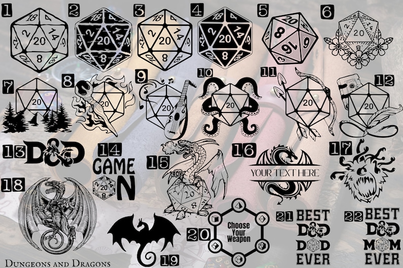May include: A set of 22 black and white Dungeons and Dragons themed iron-on transfers. The transfers feature various designs including dice, dragons, and other fantasy creatures. The text "Dungeons and Dragons" is printed at the bottom of the image.