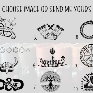 May include: A graphic display titled CHOOSE IMAGE OR SEND ME YOURS featuring ten black ink illustrations numbered one through ten. Designs include a dragon, polyhedral dice, a horned helmet, D&D logo, drinking horns, a longship, a tree, an Ouroboros, a Vegvisir, and a Viking ship.