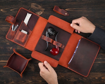 Estuche de viaje de cuero personalizado para pipa, bolsa para tabaco y bandeja