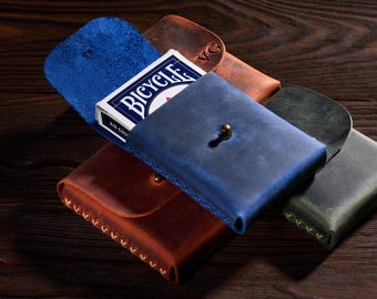 Estuche de cuero hecho a mano para cartas de póker, tarjetero personalizado