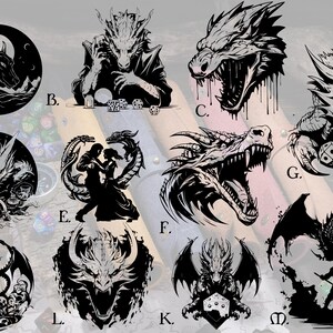 May include: A set of ten black and white dragon illustrations. Each illustration features a different dragon pose and design. The dragons are depicted in a variety of styles, including realistic, stylized, and cartoonish. The illustrations are perfect for use in a variety of creative projects, such as t-shirt designs, tattoos, and book illustrations.