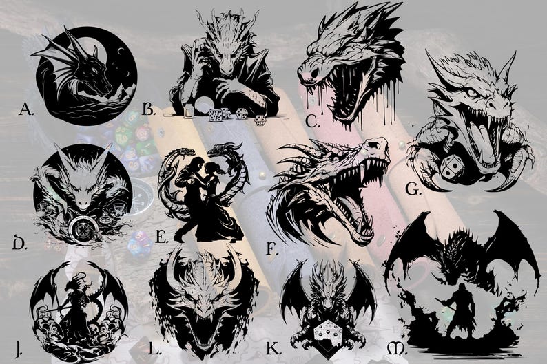May include: A set of ten black and white dragon illustrations. Each illustration features a different dragon pose and design. The dragons are depicted in a variety of styles, including realistic, stylized, and cartoonish. The illustrations are perfect for use in a variety of creative projects, such as t-shirt designs, tattoos, and book illustrations.