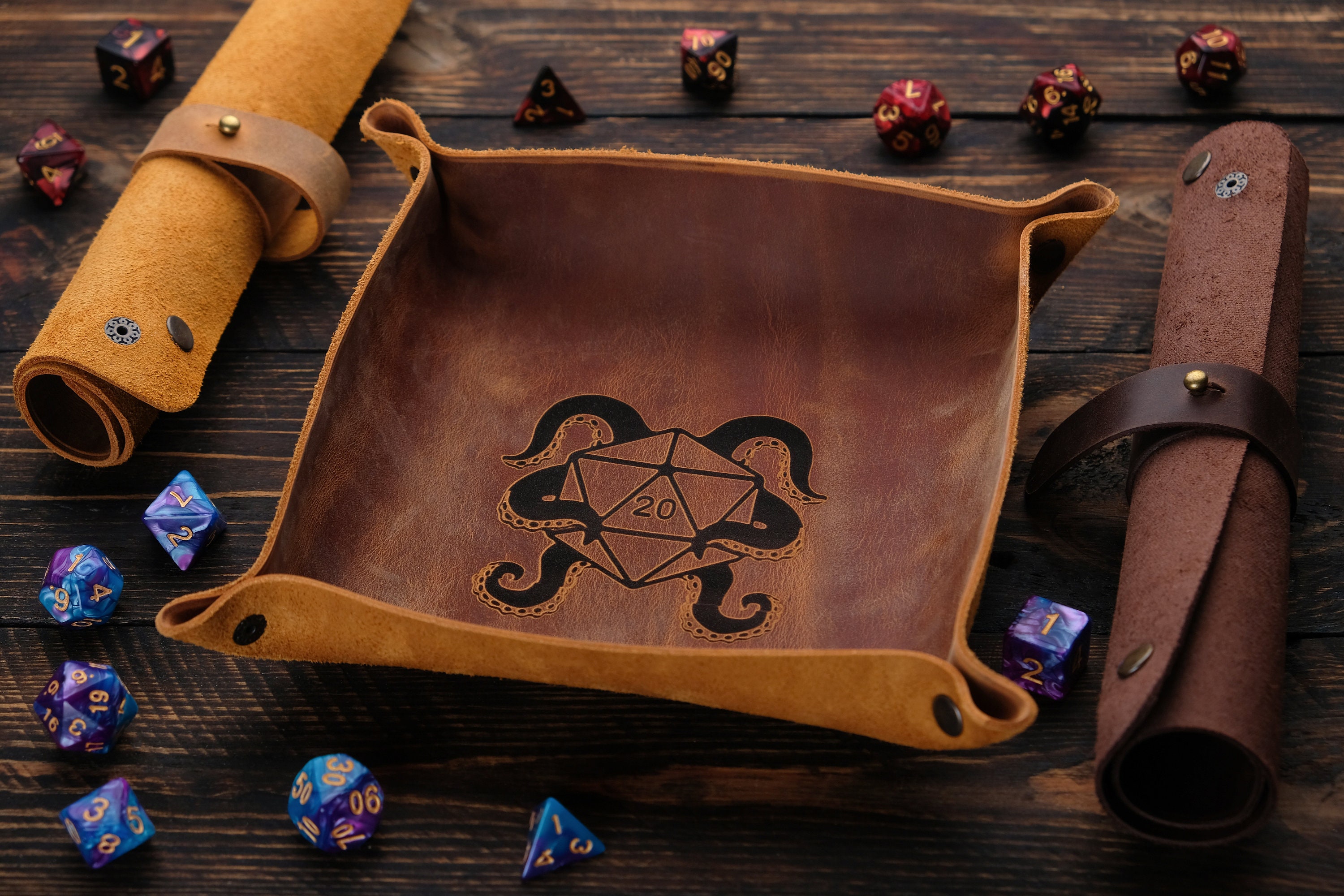 Chuleag Full-Grain Leather Dice Pouch With Built-in Rolling Tray, Magic-Themed, Large Capacity Collector's Organizer For D&D, RPGs & Dice Enthusiasts