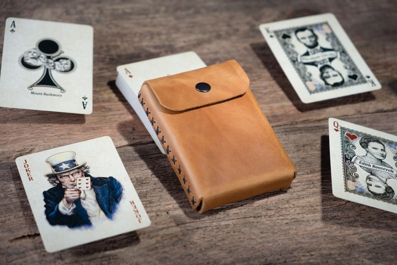 Custom Playing Cards case, Poker Cards Holder, Father's Day Gifts, Gift For Him, Poker Player Gifts, Playing Card Travel Case Leather Mustard